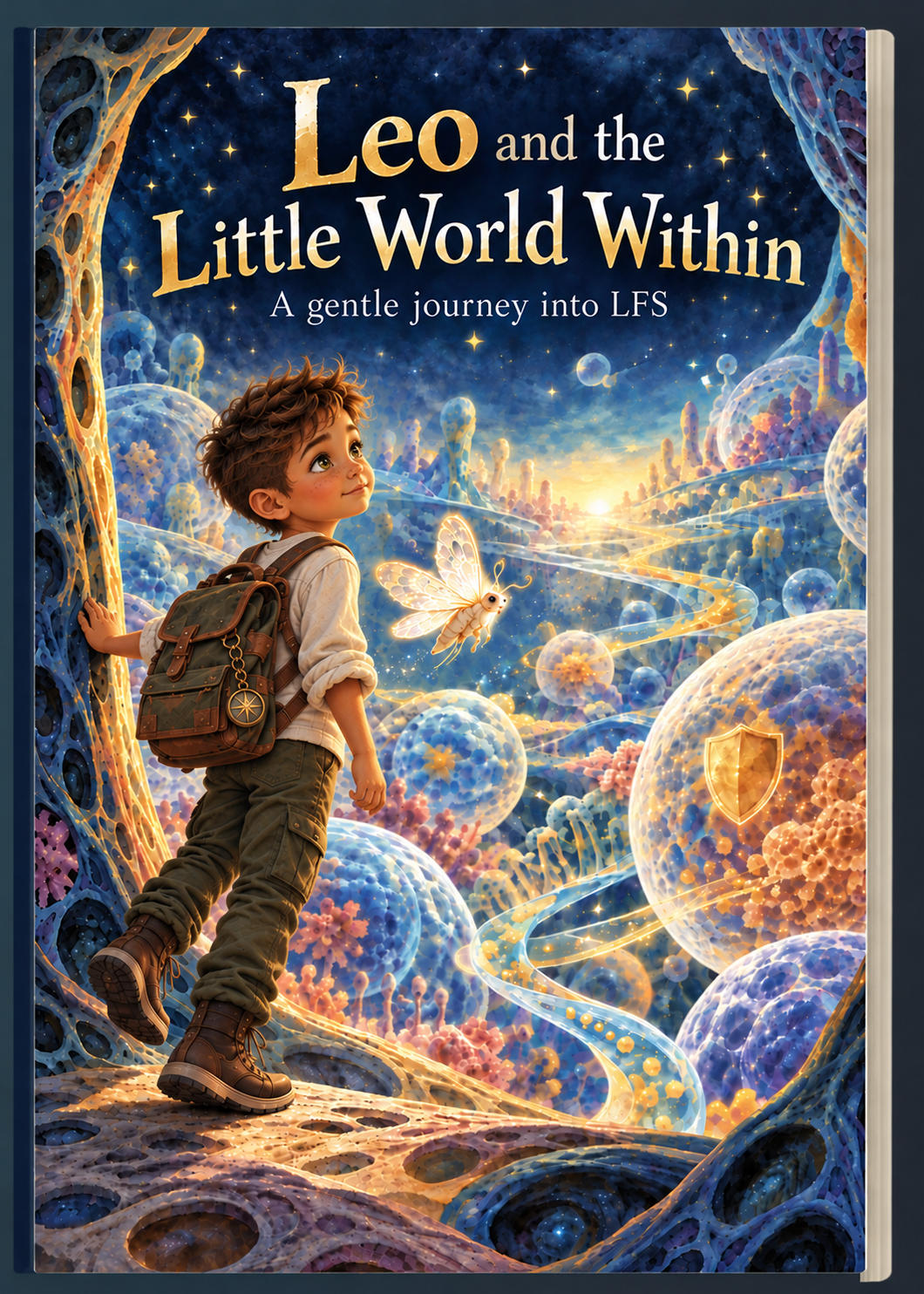 Cover of Leo and the Little World Within: Leo with a backpack explores a luminous imagined world with a tiny moth