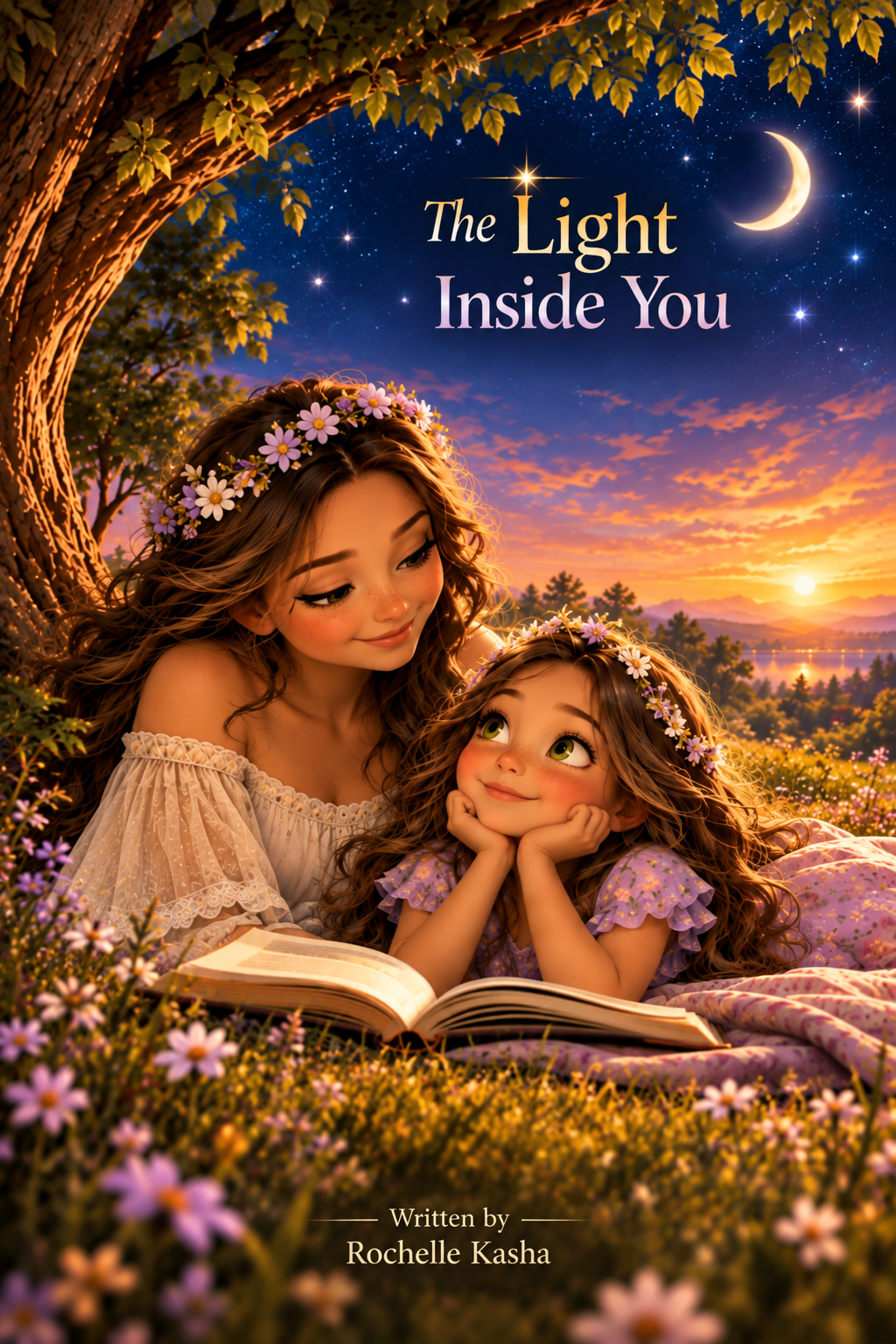 The Light Inside You cover: a mother and child reading beneath a glowing twilight sky, written by Rochelle Kasha